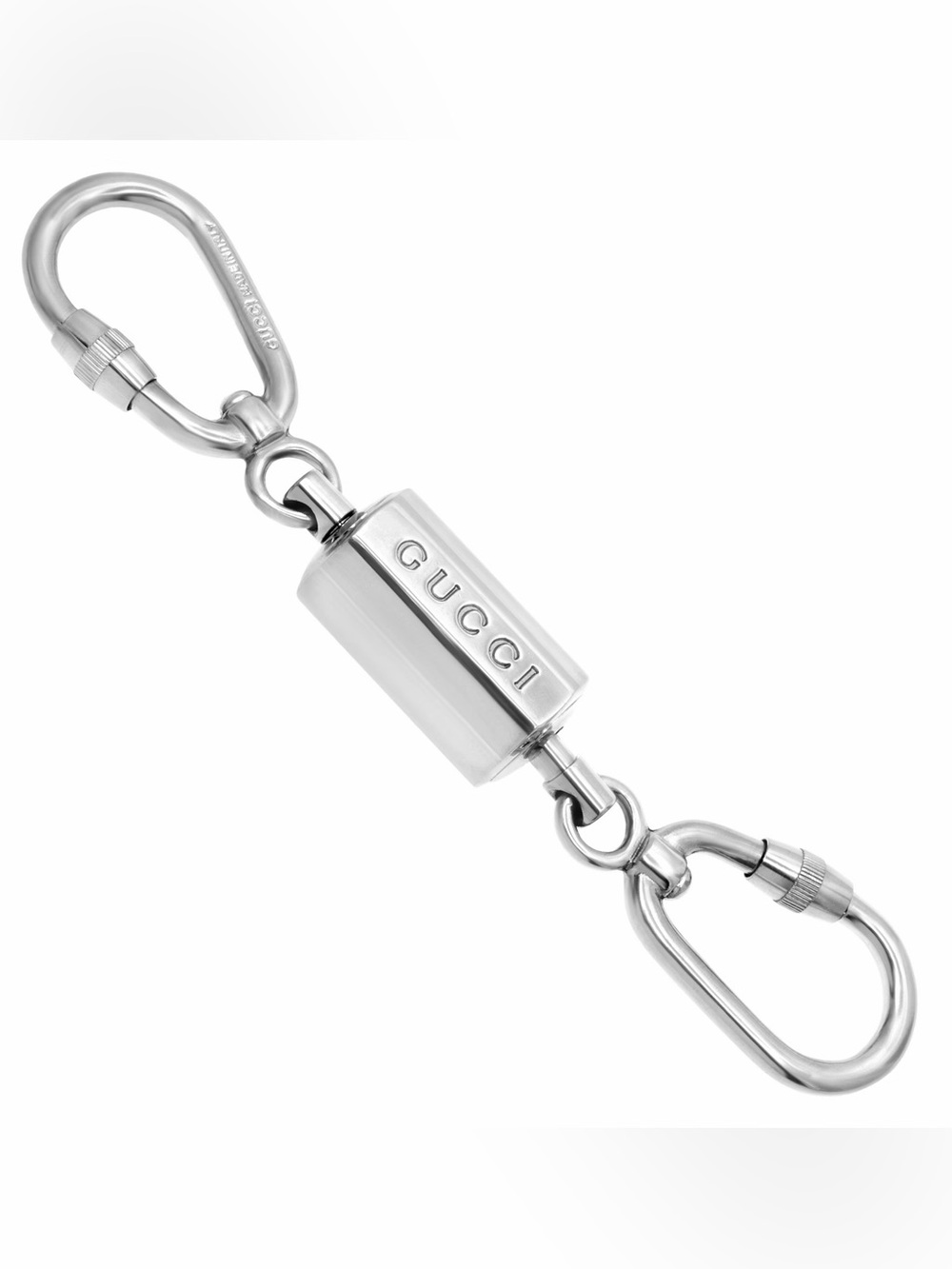 Gucci Logo Silver Tone Carabiner Double Key Ring Holder Charm Made in Italy Used